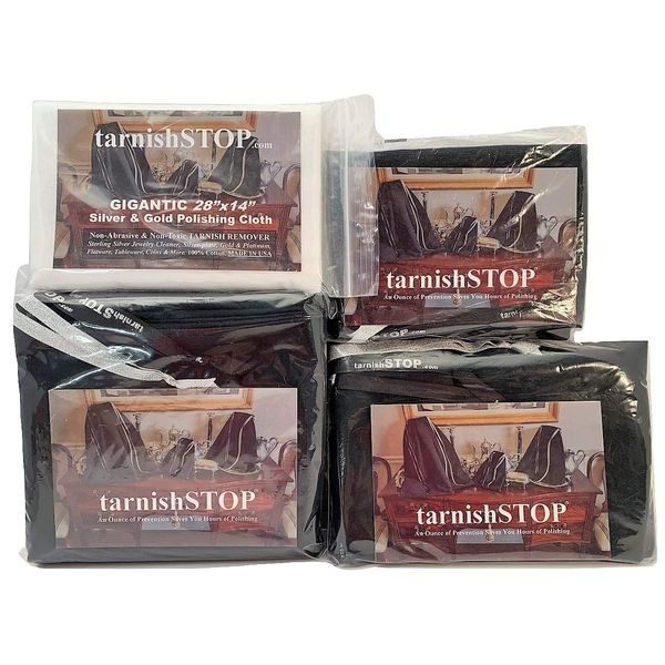 15.00 Savings, TarnishSTOP, USA Made, Bundle (3) Anti-Tarnish Prevention Cloth Storage Bags (Small, Medium and Large) + (1) Gigantic Silver Polishing Cloth For Silverplate & Sterling Silver, Black