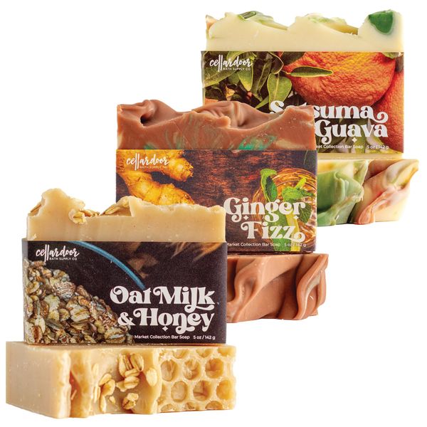 Cellar Door Bath Supply Co. Bar Soap, 3 Bar Variety Pack - Oat Milk & Honey, Ginger Fizz, Satsuma Guava