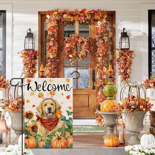 FUYUCHEN Dog Garden Flag 12x18 Inch Double Sided Fall Autumn Leaves Pumpkins Seasonal Welcome Holiday Outside Yard Flag Outdoor Decoration