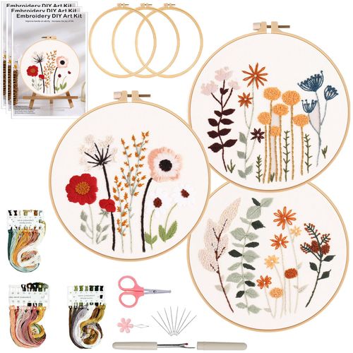 Ohcol 3 Sets Embroidery Kit,Needlepoint Kits for Adults,Needle Point Cross Stitch Kits for Beginners with Washable Pre-Printed Floral Pattern,3 Hoops,Women DIY Hand Crafts