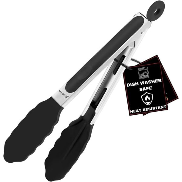 Kitchen Silicone Tongs 9 Inches | Stainless Steel Handle with Easy Grip and Smart Padlock System | Curved Silicone Tip for Strong Grip | Handy Tong for BBQ, Serving, Frying, and Cookin (Black).