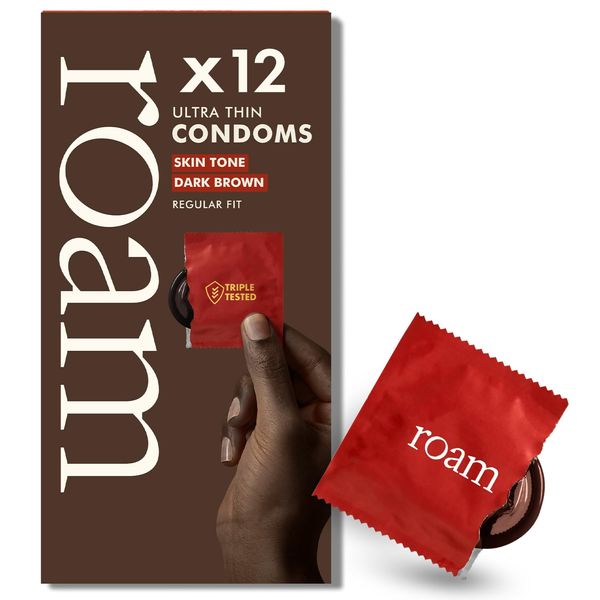 Roam Ultra Thin Condoms, 12 Pack Dark Brown Condoms Original Latex Regular Fit Condom for Safer Sex and Contraception, 100% Vegan and Generously Lubricated for Skin Feel Experience