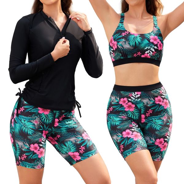 SHEKINI 3-teiliges Rashguard-Badeanzug-Set für Damen integrierter BH Tanktop langärmliges Schwimmshirt mit Reißverschluss Boardshorts-Unterteil