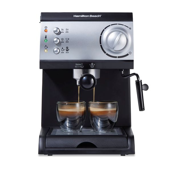 Hamilton Beach 15 Bar Espresso Machine, Cappuccino, Mocha, & Latte Maker, with Milk Frother, Make 2 Cups Simultaneously, Works with Pods or Ground Coffee, 50 oz. Water Reservoir, Black