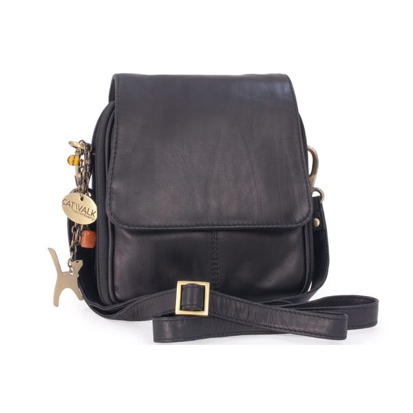 Catwalk Collection Handbags - Women's Leather Cross Body Bag - Small Organiser Messenger Bag - Long Adjustable Shoulder Strap - TEAGAN - Black