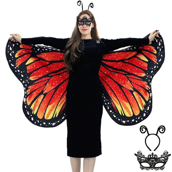 Schmetterling Umhang Damen Schmetterlingsflügel Erwachsene Faschingskostüme -Doppelseitiger Druck Schmetterling Flügel Cape mit Gesichtsmaske und Haarreif für Halloween Karnevel Kostüm (Orange)