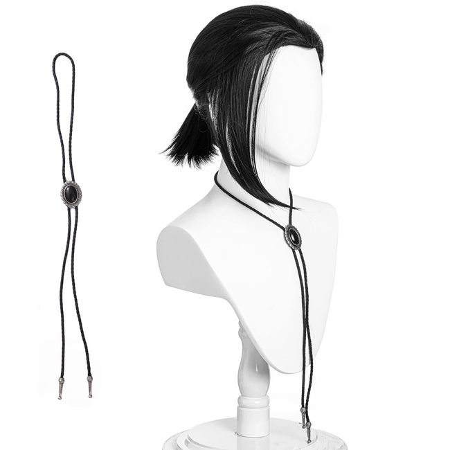 Vincent Vega Wig with Bolo Tie for Adult Men Short Black Pigtail Wigs for Mens Costume Cosplay Halloween Party