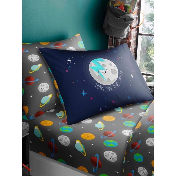 T&A Bedding Space Single Fitted Sheet and Pillowcase Set Grey Planets