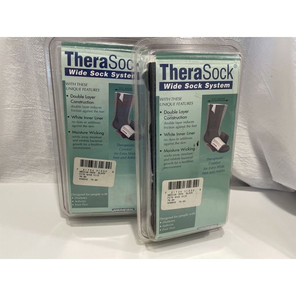 Diabetic TheraSock Medium WIDE Double Sock System Black 2 Pairs shoe 7W-9W New