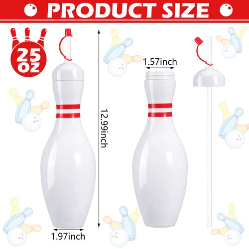 Funtery Bowling Pin Water Bottles with Straws and Lids 25 oz Reusable Bowling Pin Bottles Plastic Red White Bowling Party Favors Birthday Sports Competition Bowling Fans Players Party Supplies(6 Set)