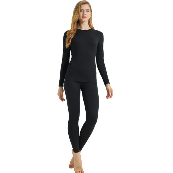 LANBAOSI Womens Thermal Underwear Set Winter Long Johns Top and Bottoms for Ladies Black