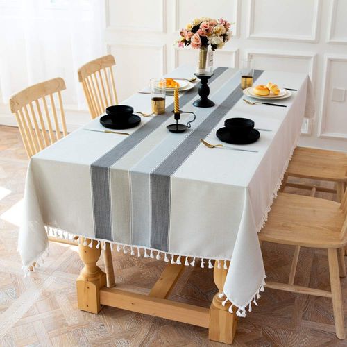 Dremisland Washable Stitching Tassel Table Cloth Cotton Linen Tablecloth Rectangular Dust-Proof Table Cover with Fringe for Kitchen Dinning Tabletop Buffet Decoration (Grey, 140x180cm)