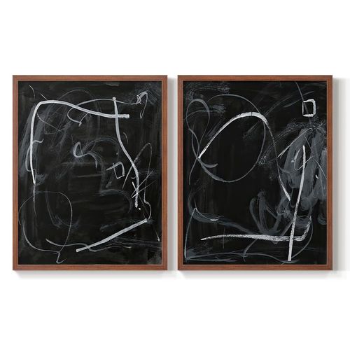 Renditions Gallery Set of 2 Peel & Stick Framed Prints, Abstract Wall Art, Chalk Strokes on Black Board Wall Decor, Re-Stickable - Ready to Hang - 8"x10" - Walnut Frame LT583