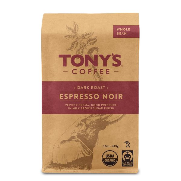 Tony's Coffee, Espresso Noir (12oz), Medium-Dark Roast Whole Bean Coffee, Organic and Fair Trade