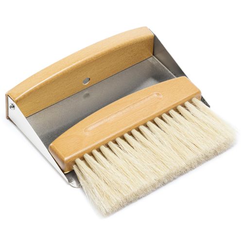 Navaris Small Dustpan and Brush Set - Wooden Mini Dust Pan Brush for Sweeping Table Tabletop - Compact Horsehair Brush for Sweeping Countertop, Silver