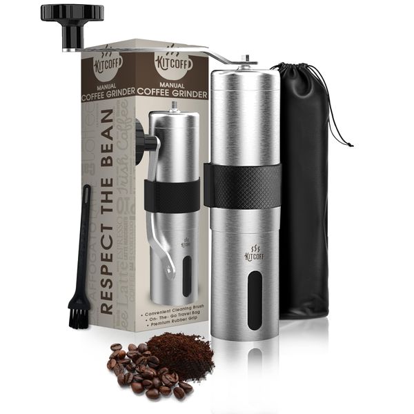 Kitcoff Manual Coffee Grinder - Hand Beans Mill with 18-Click Settings, Stainless Steel Body with Ceramic Burr & Ergonomic Grip, Removable Hand Crank - Includes Cleaning Brush, Travel & Storage Pouch