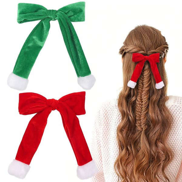 2PCS Christmas Hair Clips for Women Girls Velvet Ribbon Hair Bows Clips Christmas Santa Claus Socks Barrettes Alligator Hairpins Cute Hair Accessories Xmas Party Dress Gifts(Red, Green)