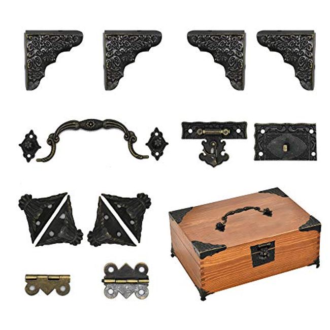 Jewelry Box Antique Lock Latch Hasp Hinges Handle Box Corner Protectors Kit for DIY Jewelry Box Bronze, Wood Case Jewelry Chest Storage Box Feet Leg