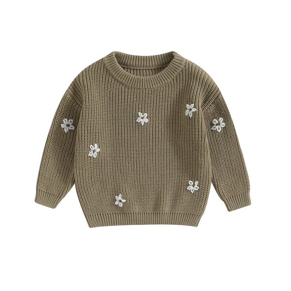 YOKJZJD Newborn Toddler Baby Girl Chunky Knit Sweater Flower Warm Sweatshirt Long Sleeve T-Shirt Knitted Fall Winter Clothes (Khaki, 2-3 Years)