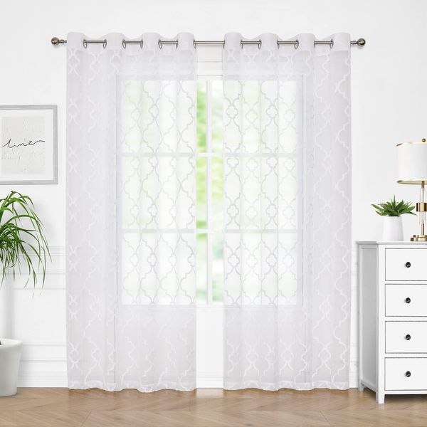 White Sheer Curtains for Bedroom Living Room 84 Inches Long Lattice Geometric Embroidered Semi Sheer Curtain Panels Linen Textured Moroccan Voile Window Treatment Sets, 52"w x 2pcs, Grommet Top