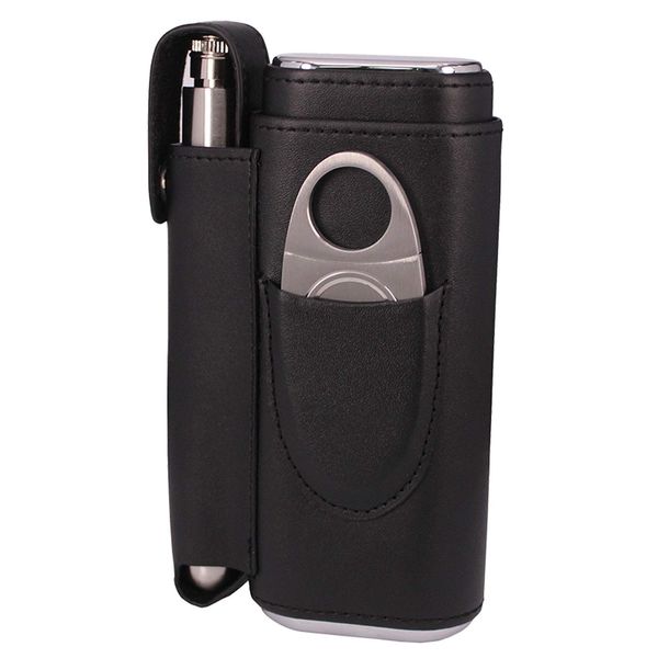 AMANCY Handy Cedar Wood Lined 2 Holder Black Cigar Case Flask Set with 2 Oz Stainless Steel Flask and Cutter