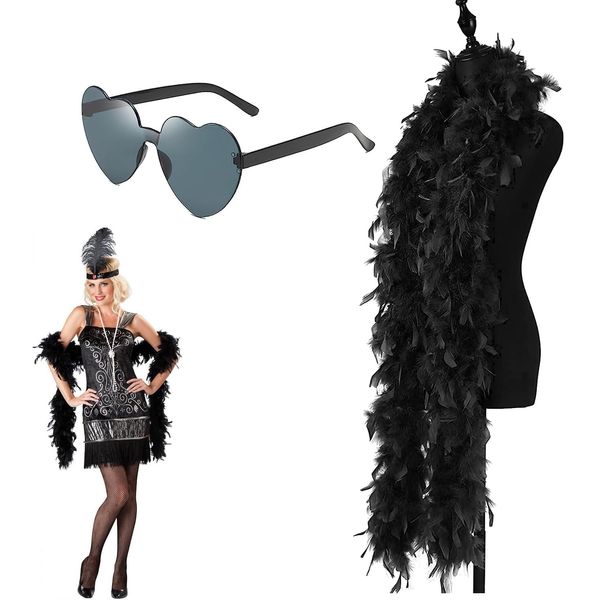 2Pcs Feather Boas & Heart Sunglasses Set Black Feather Boa Natural Turkey Feathers Scarf Party Accessories for Christmas Carnival Dancing Wedding Dress Up Halloween Costume Decoration