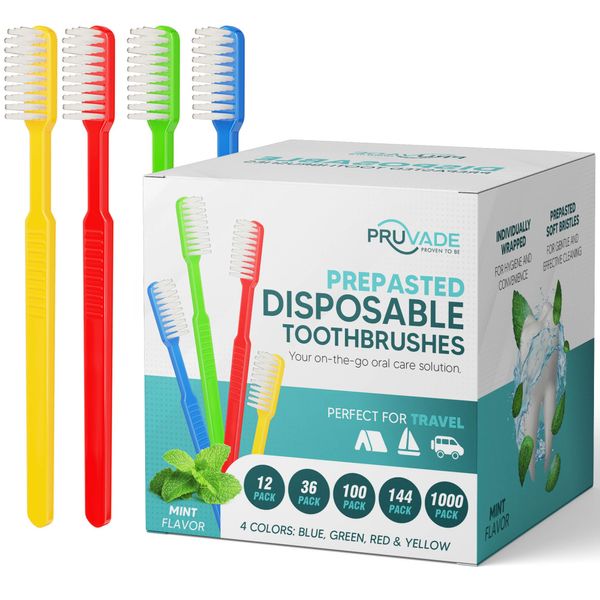PRUVADE 36 Pack Disposable Toothbrushes with Toothpaste, Built In - Prepasted Toothbrushes Individually Wrapped | Single Use Waterless Tooth Brush with Soft Bristles for Airbnb, Hotel, Camping, Travel