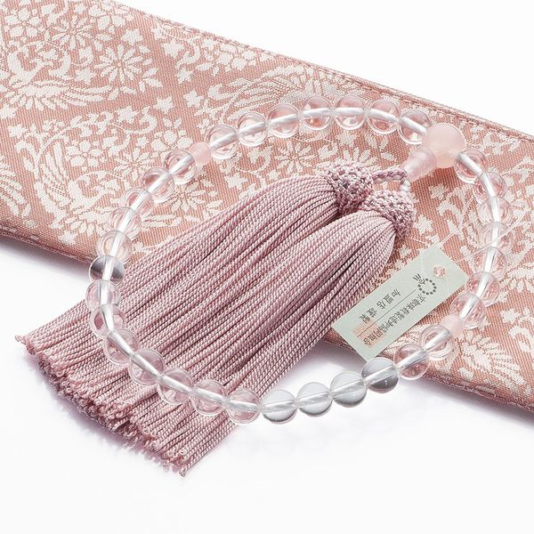 Butsudanya Takita Shoten Kyoto Prayer Beads, Women's, Genuine Crystal, Red Crystal (Rose Quartz), 0.3 inch (8 mm) Ball, Pure Silk Bassel, With Prayer Bag, Certificates Included