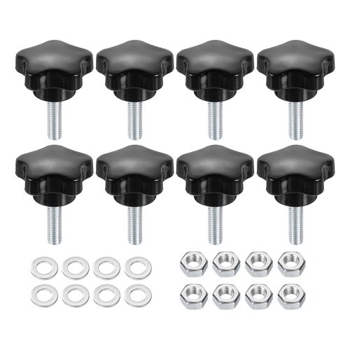 uxcell 8pcs Star Clamping Knobs with Nuts Washers, M6 x 20mm Metric Zinc Plated Carbon Steel Male Thread 31mm 5-Star Plastic Head, Threaded Stud Hand Knobs Handles Thumb Screws, Black