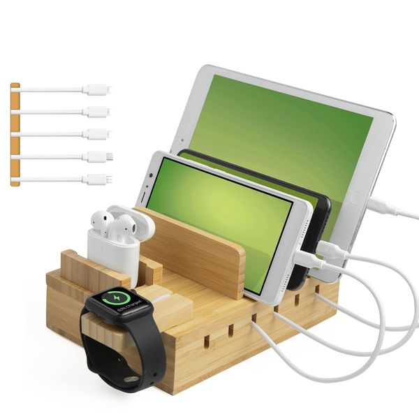 TechDot Handy USB Ladestation Bambus Ladestation Mehrere Geräte 5 Port USB Multi Ladestation Bamboo für Handys Smartphones Tablets Holz Ladestation