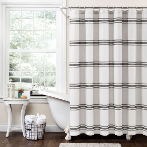 Lush Decor Farmhouse Stripe Cotton Shower Curtain, 72" W x 72" L, Black - Classic Modern Rustic Charm Bathroom Decor
