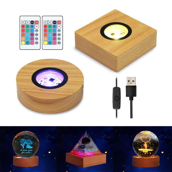 MYOUKE Wood Light Display Base Wooden LED Display Stands 3D Laser Crystal Glass Art Work Display Base for Resin Arts, 2 Pieces Packed (Round+Square)