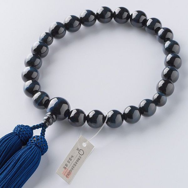 [Butsudanya Takita Shoten] Kyoto Prayer Beads, Men's, Blue Tiger Eye Stone, 22 Beads, Pure Silk Headed Bassel, Comes with a Bag for Men