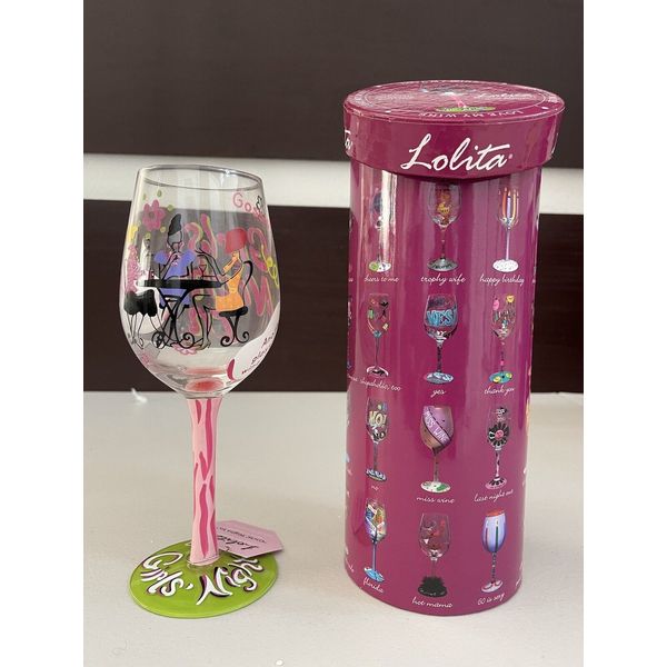 Lolita “GIRLS NIGHT IN ”  15 Oz. Hand Painted Wine Glass, Original Box