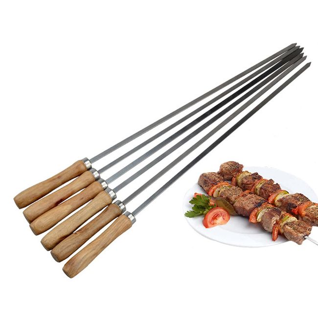 NAJMECHOY BBQ Skewers BBQ Tools Stainless Steel Vegetable Meat Barbecue Grilled Meat Skewers Wooden Handle Length 16.5 inches (42 cm) for Camping Set of 6 Skewers Camping Outdoor Activities Team Building Activities Party Holiday Celebration (Silver) (Flat