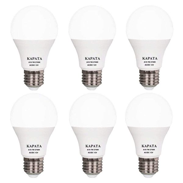 12V A19 LED Light Bulb Soft White 2700K 60 Watt Halogen Equivalent A19 Bulbs E26 Screw Base , for RV , Boat , Camping , Outdoor Solar Powered Lighting , Off Grid Lighting Application , 6-Pack