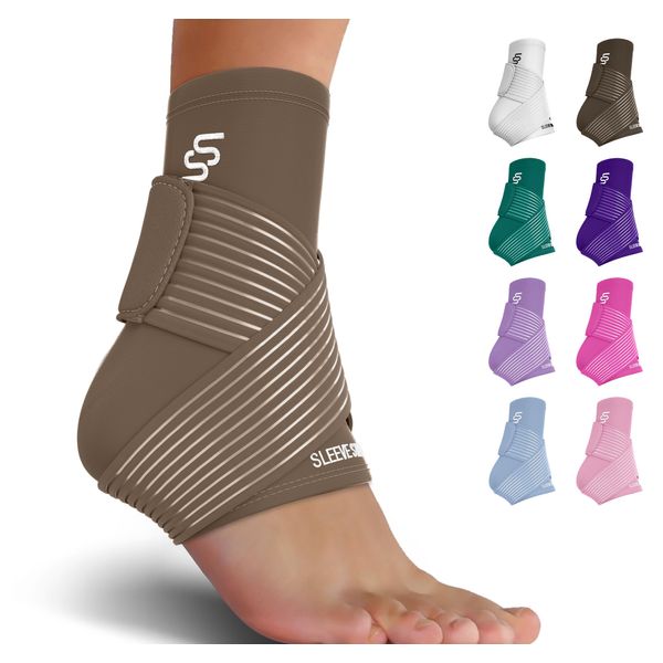 Sleeve Stars Ankle Brace for Sprained Ankle, Plantar Fasciitis Relief Ankle Support for Women, Ankle Compression Sleeve w/ Strap (Single/Mocha Brown)