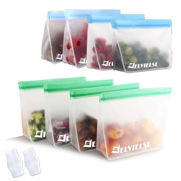 Elvielsl 8 Pack Reusable Food Storage Bags PEVA Sandwich Bags Snack Bags BPA Free Ziplock Leakproof for Food Travel Home Freezer Organization