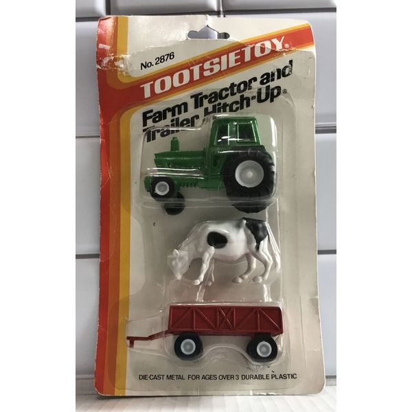 1985 TOOTSIETOY Farm Tractor & Trailer Hitch Up Cow Die Cast Metal #2876