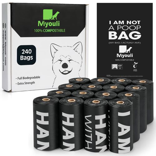 Miyouli Certified Compostable Poop Bags for Dogs, 240 Poop Bags (16 Rolls),Landfill Friendly, Leak Proof Unscented Easy Open Poop Waste Bag（Black）