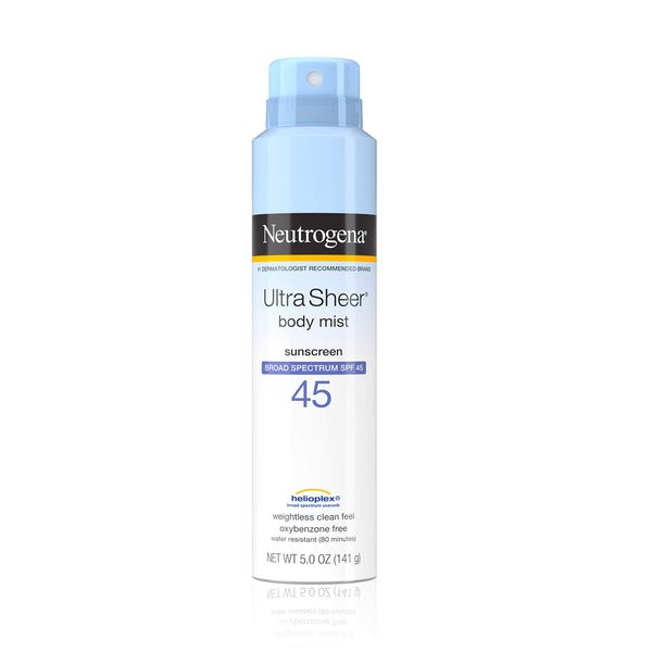 Neutrogena Ultra Sheer Body Mist Sunscreen Spray Broad Spectrum SPF 45 Lightweight NonGreasy Water Resistant OilFree NonComedogenic UVAUVB Sunscreen Mist 5 oz, (Pack of 3)