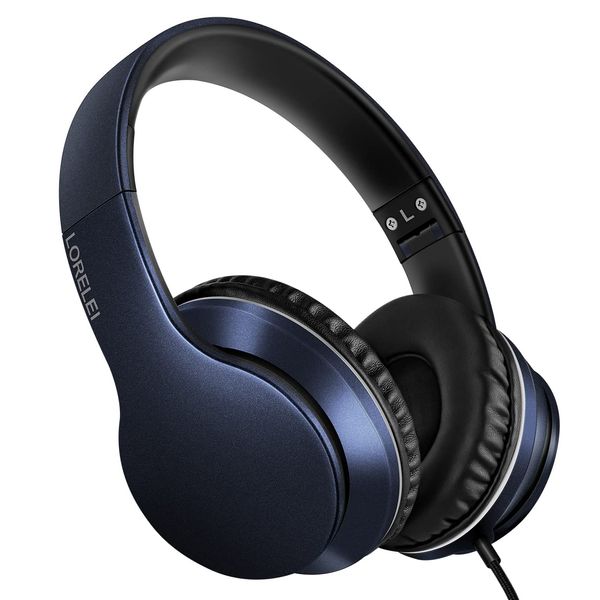 LORELEI X6 Over-Ear Headphones with Microphone, Lightweight Foldable & Portable Stereo Bass Headphones with 1.45M No-Tangle, Wired Headphones for Smartphone Tablet MP3 / 4 (Dark Blue)