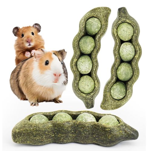 TEEWY 3PCS Guinea Pig Chew Toys, Prevent Teeth Overgrowth, Natural Vegetables and Timothy Grass, Hamster Chew Toys, Guinea Pig Toys, Chinchilla Toys, Peapod-Shaped