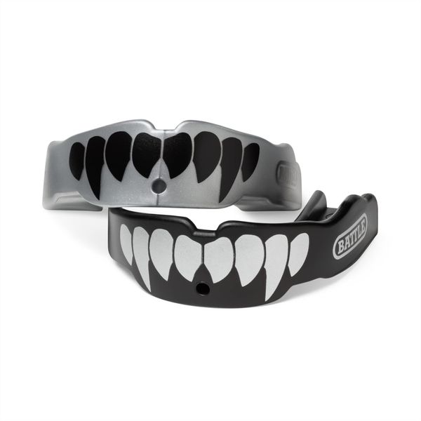 Battle Fangs Football Mouthguard – Sports Mouth Guard with Removable Strap – Protector Mouthpiece Fits With or Without Braces on Teeth – Adult & Youth Mouth Guard Sizes, 2 Pack, Youth (Age 9 & Below), Silver/Black