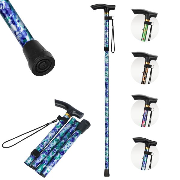 supregear Folding Cane for Women, Lightweight Walking Stick Floral Cane with Wrist Strap and T Handle, 5-Level Adjustable Height Travel Cane for Elderly Disabled Men Women Portable Cane, Indigo