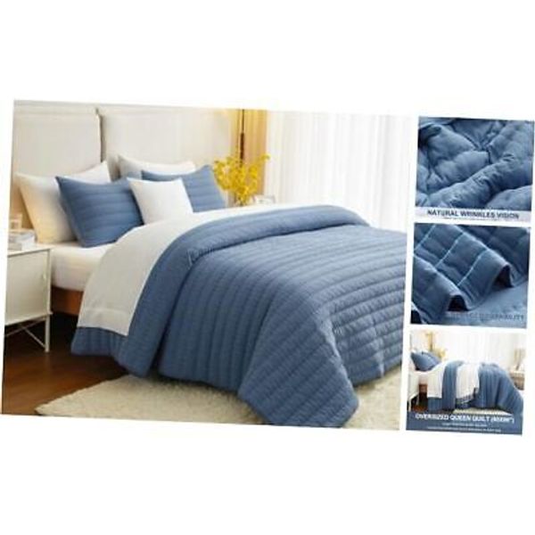 Queen Size Quilt Bedding Set, Reversible Lightweight Full/Queen (90"x96") Blue