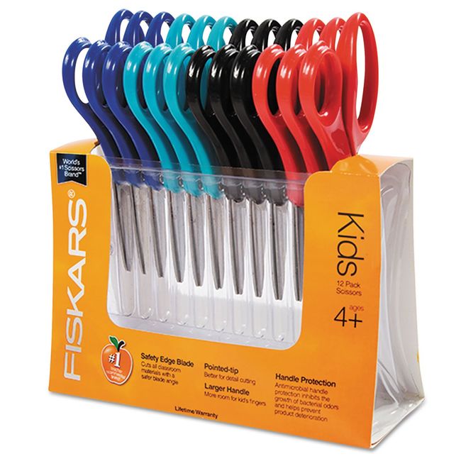 Fiskars 194300 Back to School Supplies Kids Scissors Pointed-tip Bulk, 5 Inch, 12 Pack, Assorted Colors