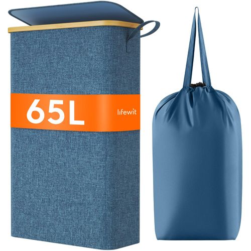 Lifewit 65L Slim Laundry Hamper with Lid, Narrow Laundry Basket with Removable Bag & Bamboo Handles, Fodable Thin Dirty Clothes Hamper for Laundry Collapsible Bin for Bathroom Bedroom Dorm, Dark Blue