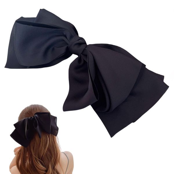 scicent Hair Clips Women Bow Hair Clip Black Hair Bow Big Bowknot Hairpin French Hairclips Solid Color Hair Barrette Clips Soft Satin Hair Bows for Women Girls, Black - 9910