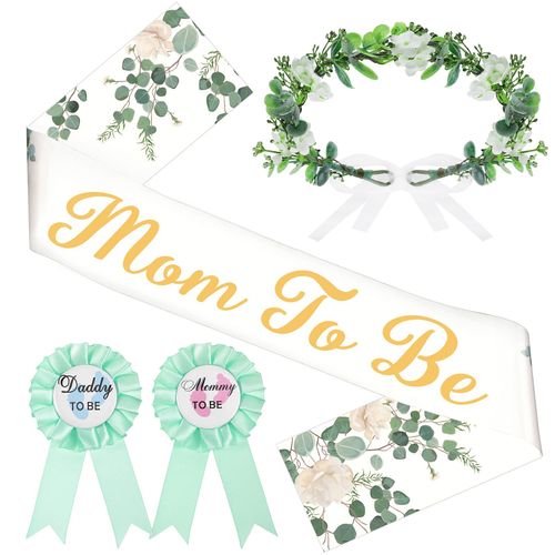 4 Pieces Sage Green Baby Shower Sash Mom to Be Sash and Dad to Be Pin Flower Crown Headband Kit for Gender Reveals Party Baby Shower Party Favors for Boys and Girls Pregnancy Props Gift (Leaf Style)
